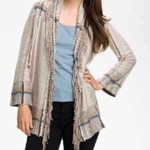 NIC+ZOE Beige Fringe Open-Front Cardigan with Blue and Tan Accents.